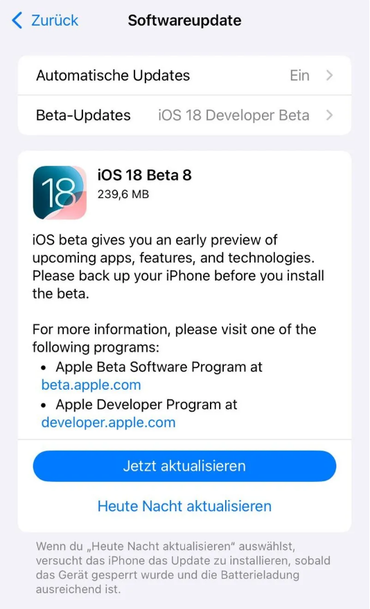 襄州苹果手机维修分享苹果 iOS / iPadOS 18 开发者预览版 Beta 8 发布 